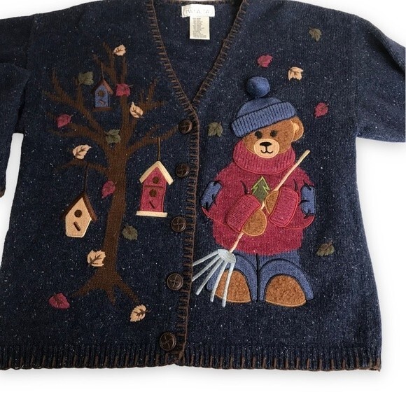 Mandal Bay Teddy Bear Blue Button Front V Neck Long Sleeve Cardigan Size Large - Picture 2 of 12